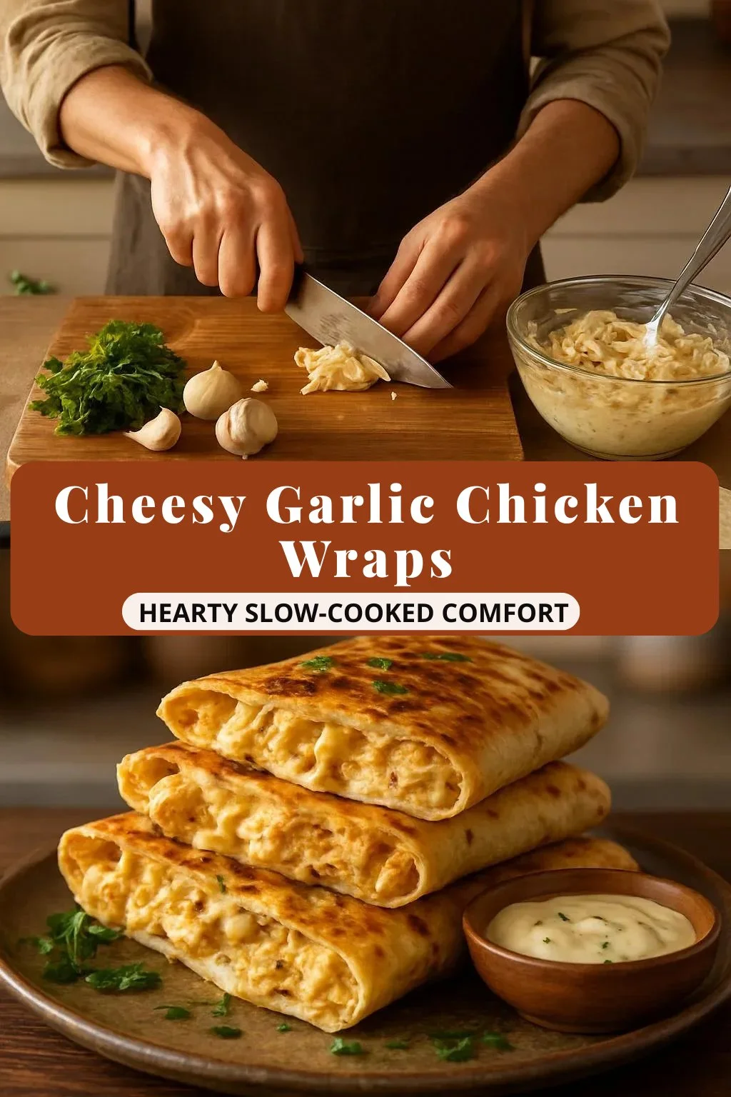 Cheesy garlic chicken wraps served with fresh vegetables and herbs