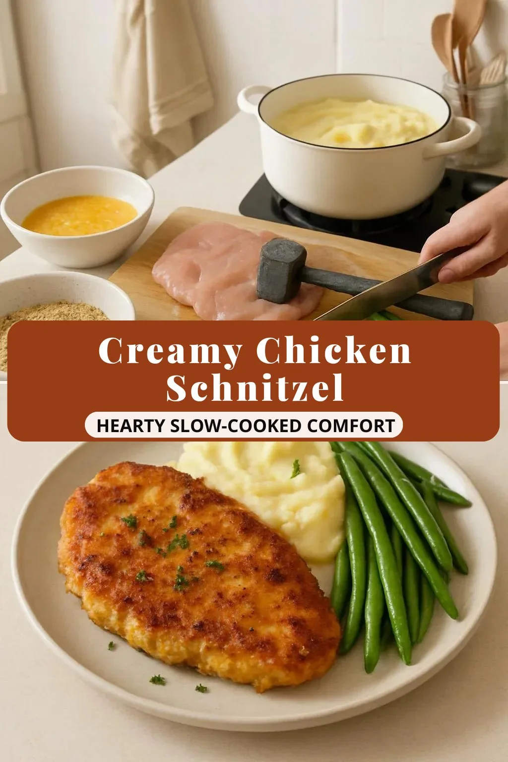 Creamy Chicken Schnitzel served with a side of vegetables and sauce