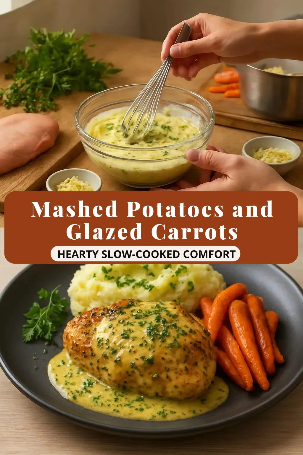Creamy herb chicken served with mashed potatoes and glazed carrots on a plate.