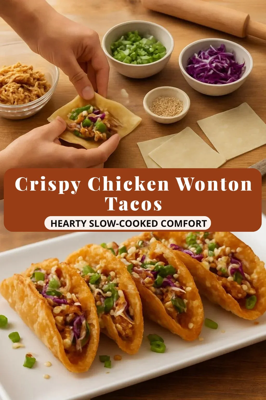 Plate of Crispy Chicken Wonton Tacos garnished with fresh vegetables.