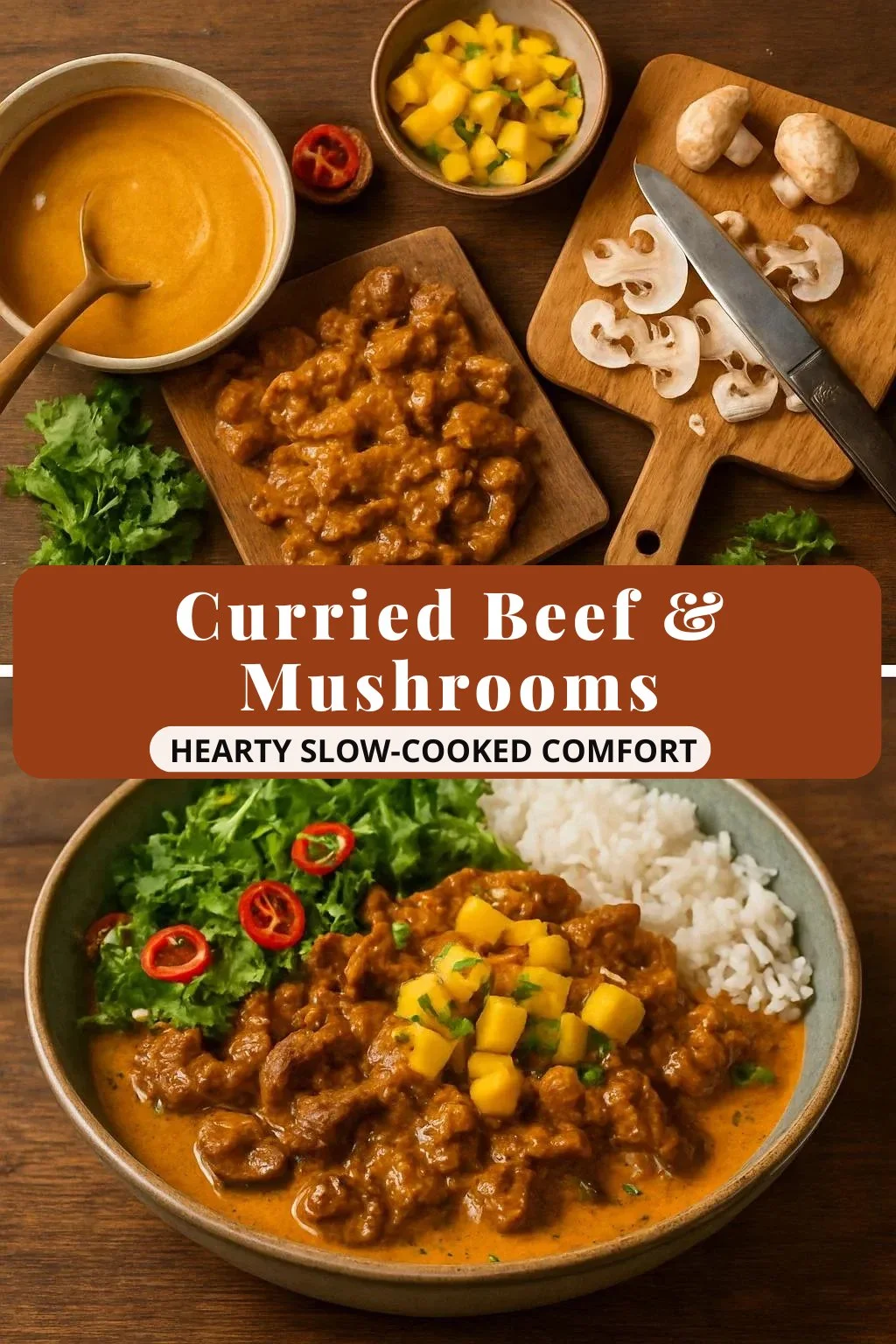Curried beef and mushrooms with creamy peanut sauce and mango salsa dish