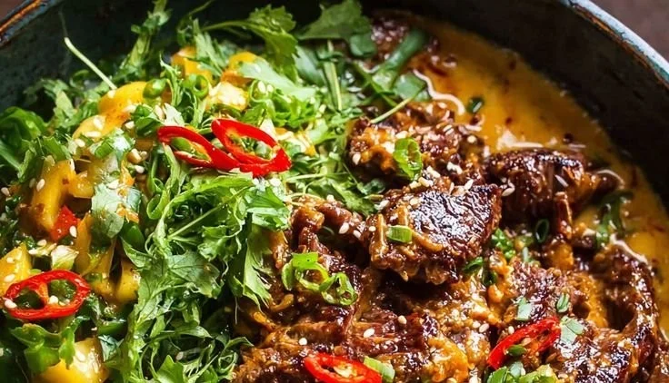 Curried Beef & Mushrooms with Creamy Peanut Sauce and Mango Salsa: A Bowl That Redefines Comfort and Bold Flavor