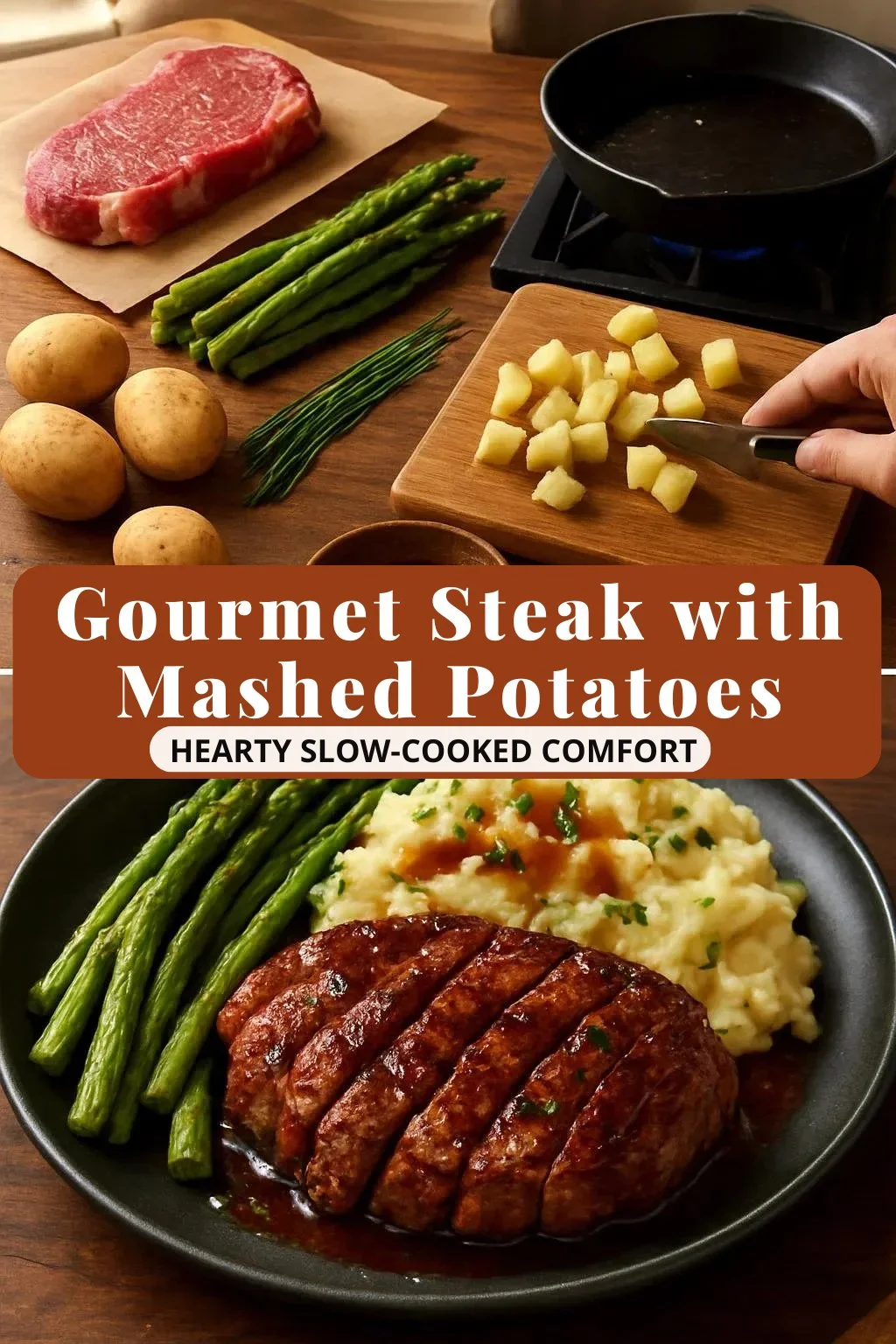 Gourmet Steak with Mashed Potatoes and Asparagus