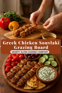Greek Chicken Souvlaki Grazing Board featuring skewers and fresh ingredients