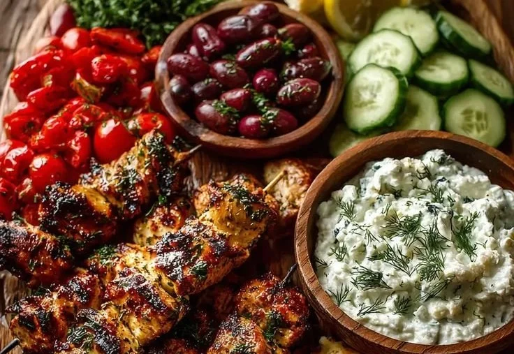 Greek Chicken Souvlaki Grazing Board with Feta Dip – A Mediterranean Feast to Share