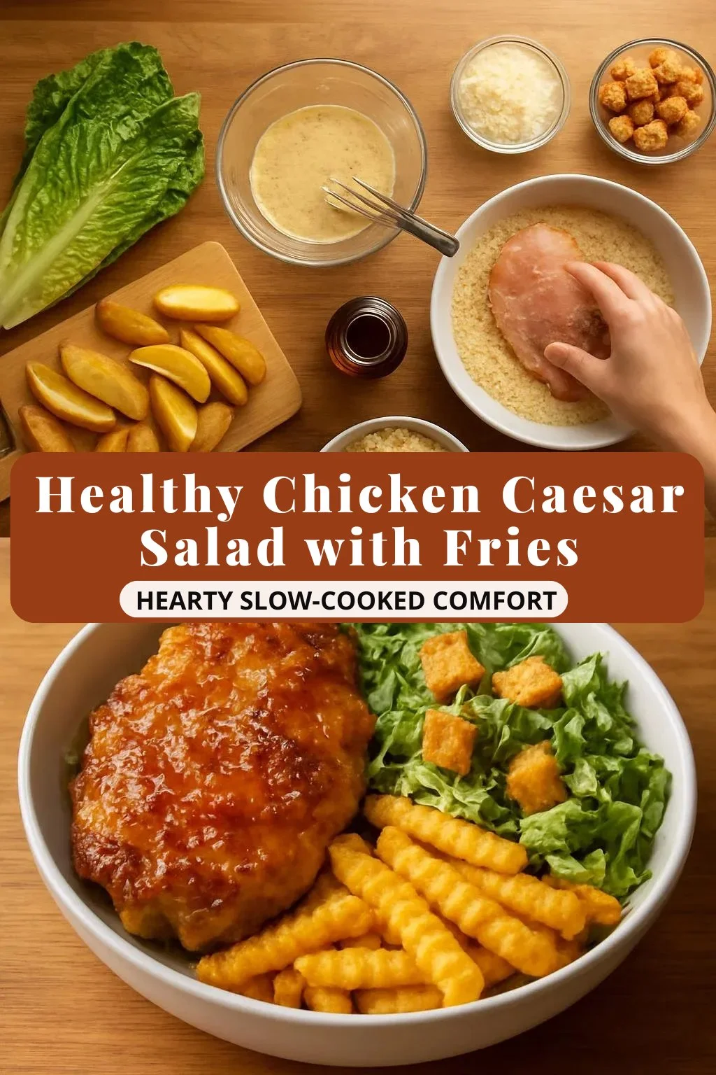 Healthy Chicken Caesar Salad served with crispy fries on a plate.