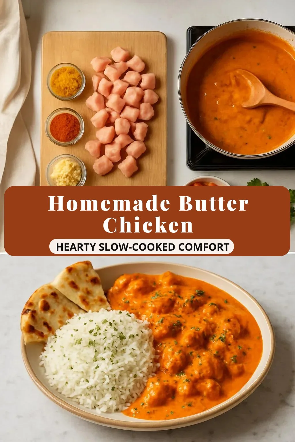 Delicious homemade butter chicken served with rice and naan.