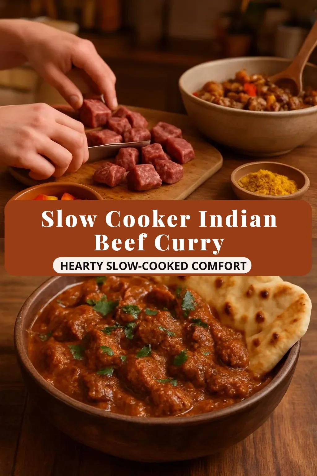 Delicious slow cooker Indian beef curry served with rice and herbs