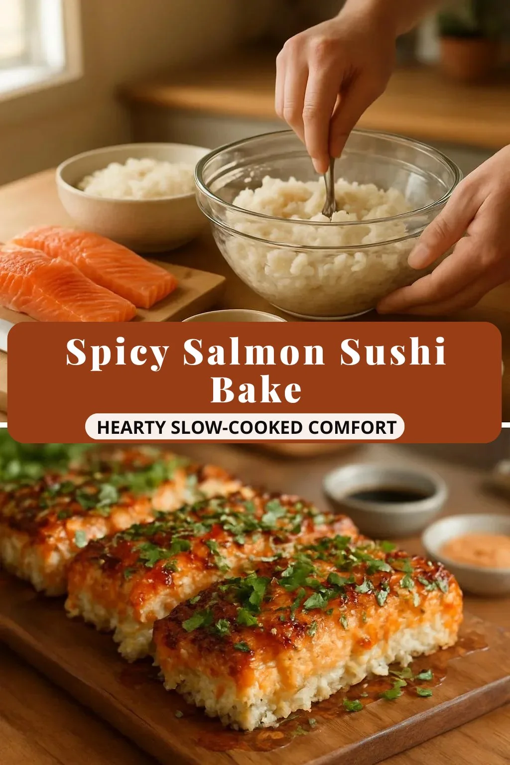 Delicious spicy salmon sushi bake dish topped with green onions and sesame seeds.