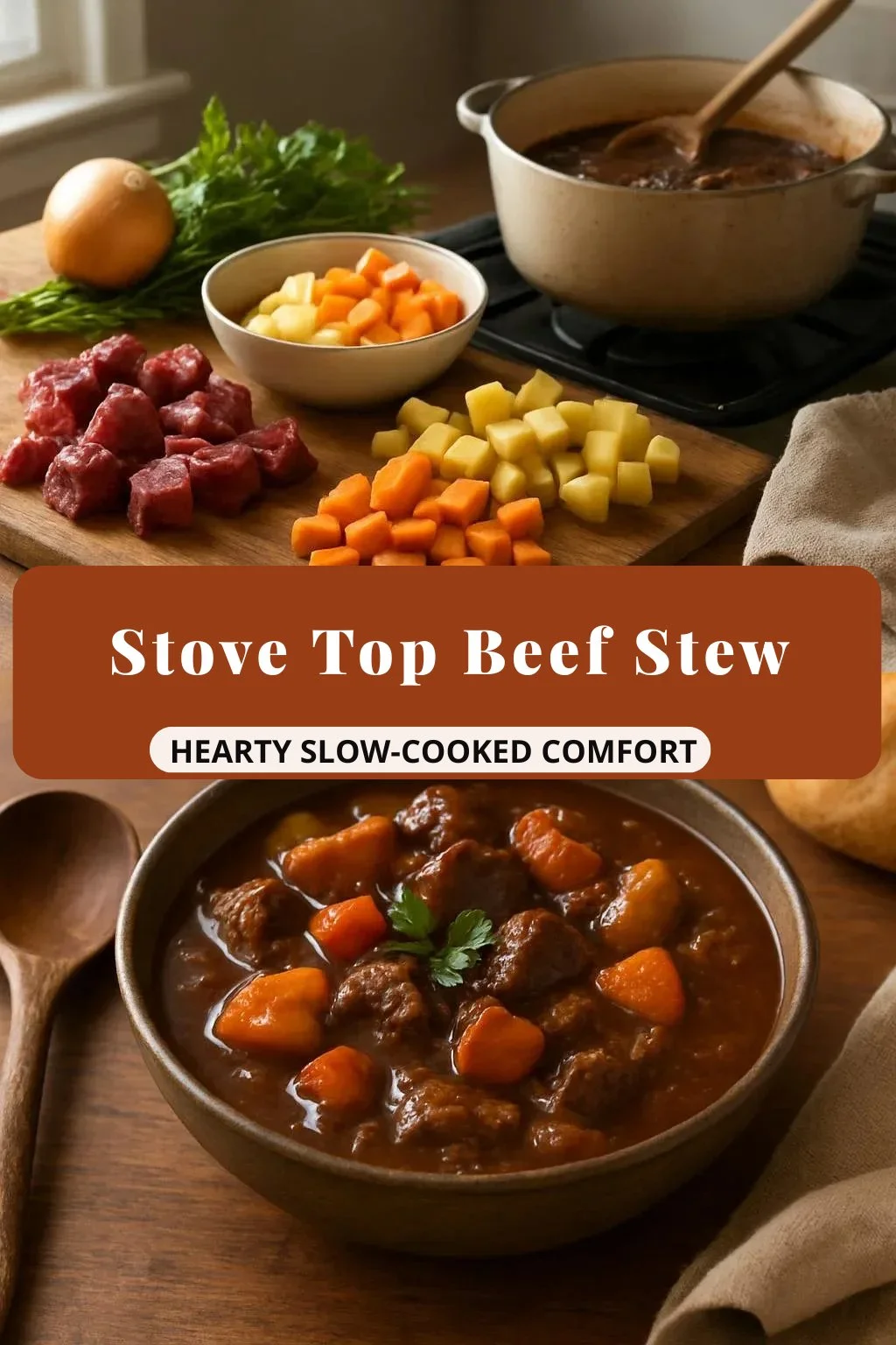 Stove top beef stew simmering in a pot, rich in flavor and ingredients.