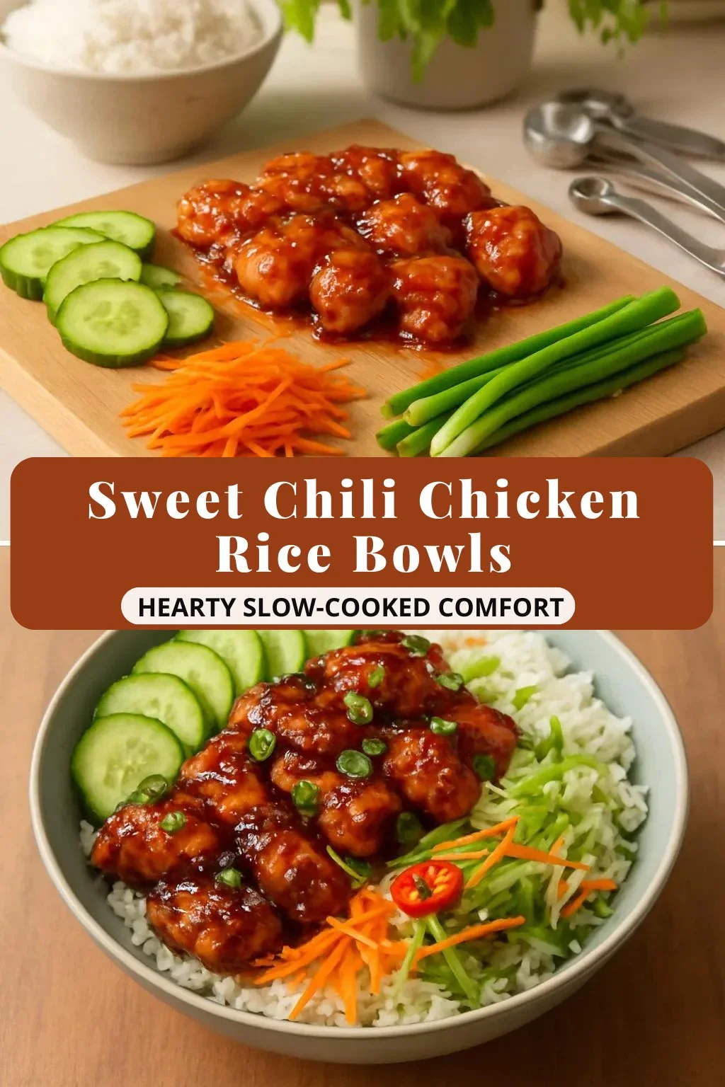 Sweet Chili Chicken Rice Bowls topped with fresh vegetables and herbs
