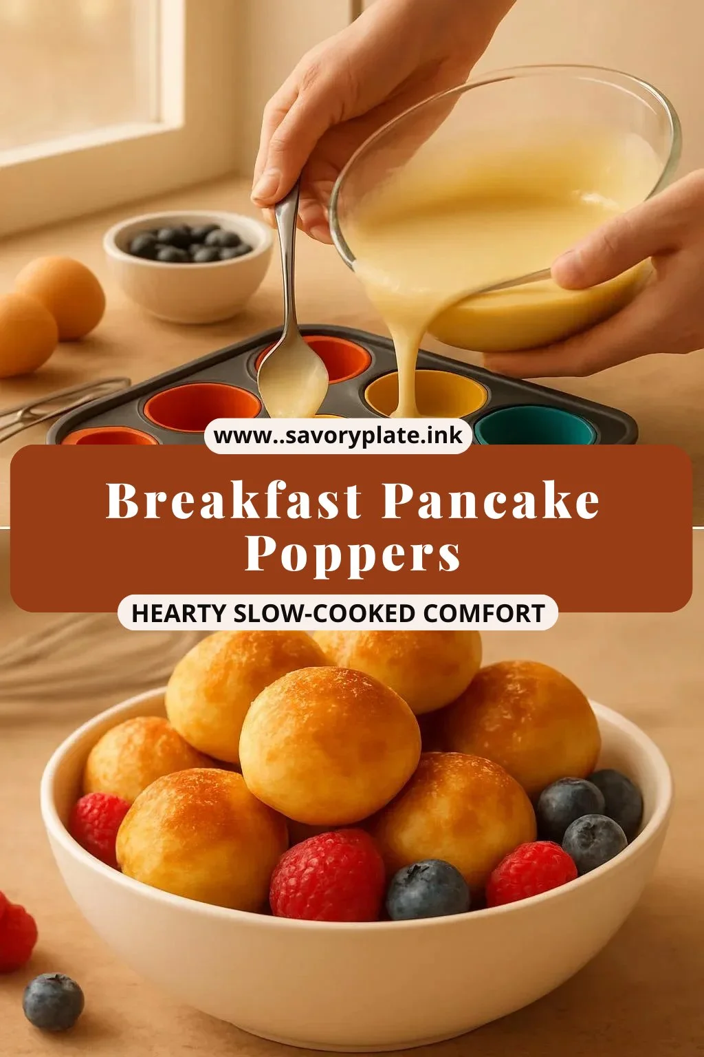 Bowl of fluffy breakfast pancake poppers served with syrup and fruit.