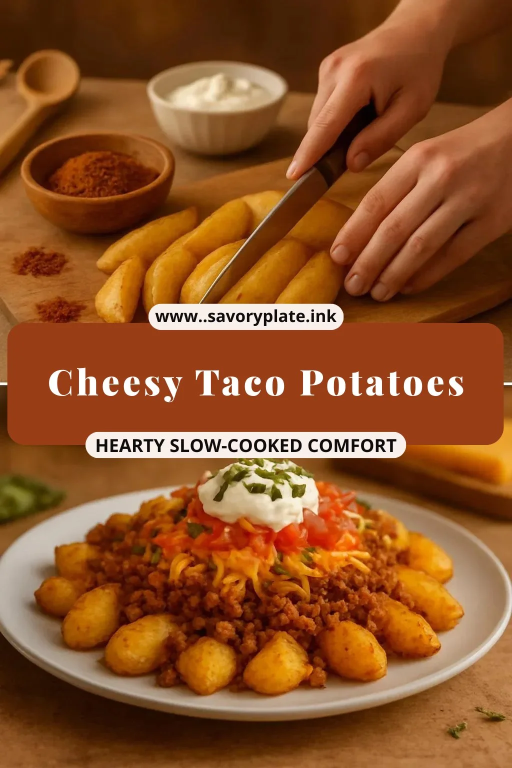 Cheesy taco potatoes topped with melted cheese and colorful toppings