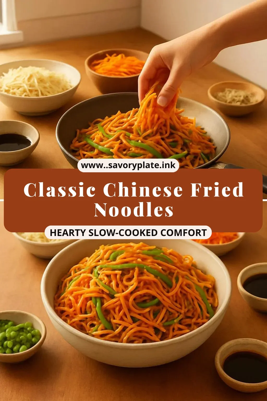 Plate of classic Chinese fried noodles topped with vegetables and garnished.