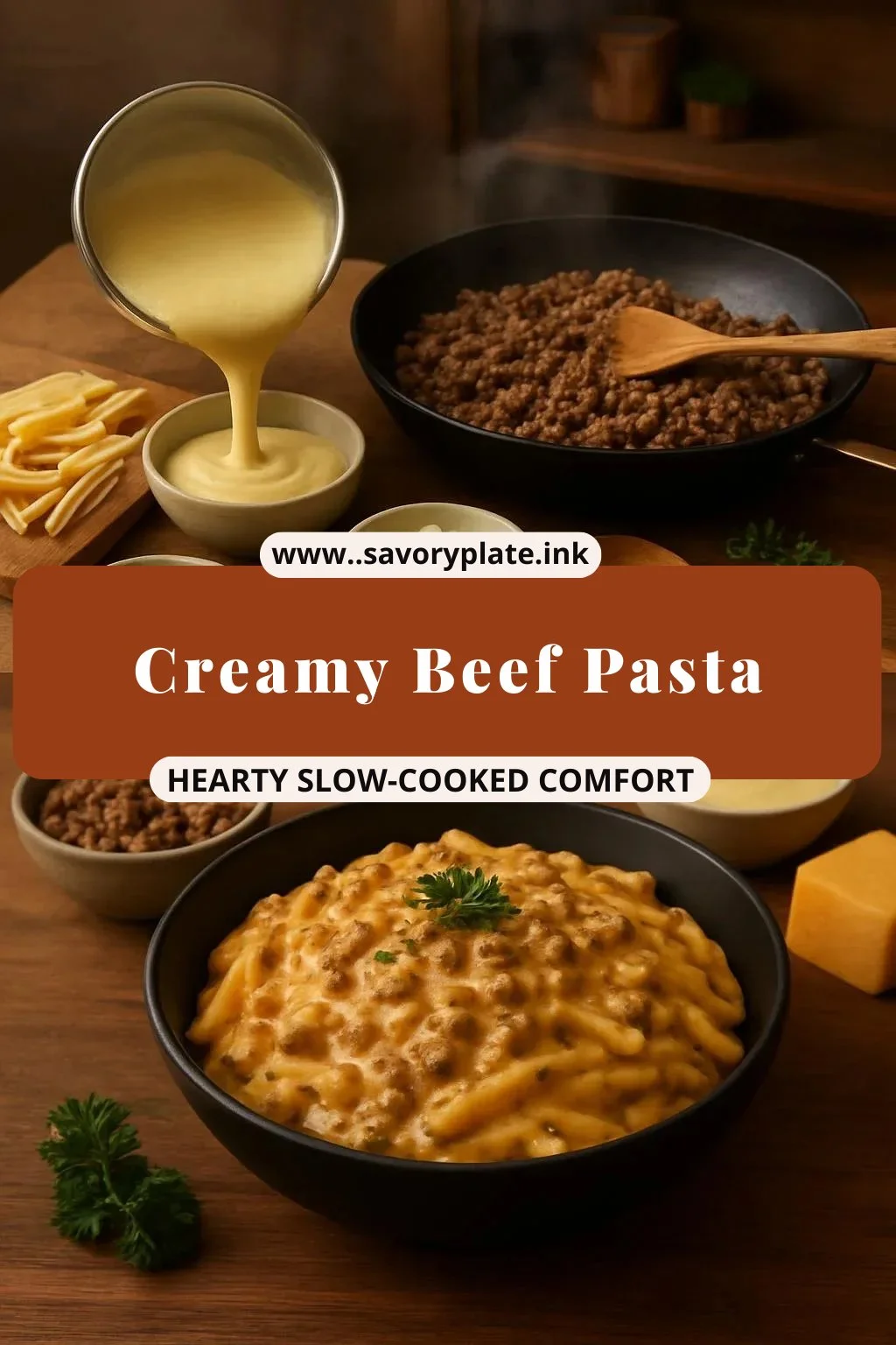 Delicious creamy beef pasta dish served in a bowl