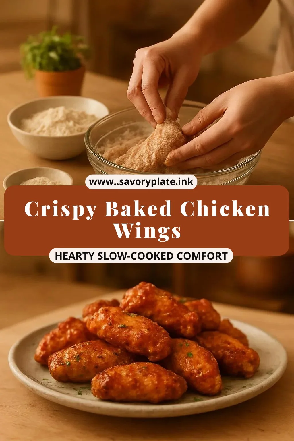 Plate of crispy baked chicken wings garnished with herbs