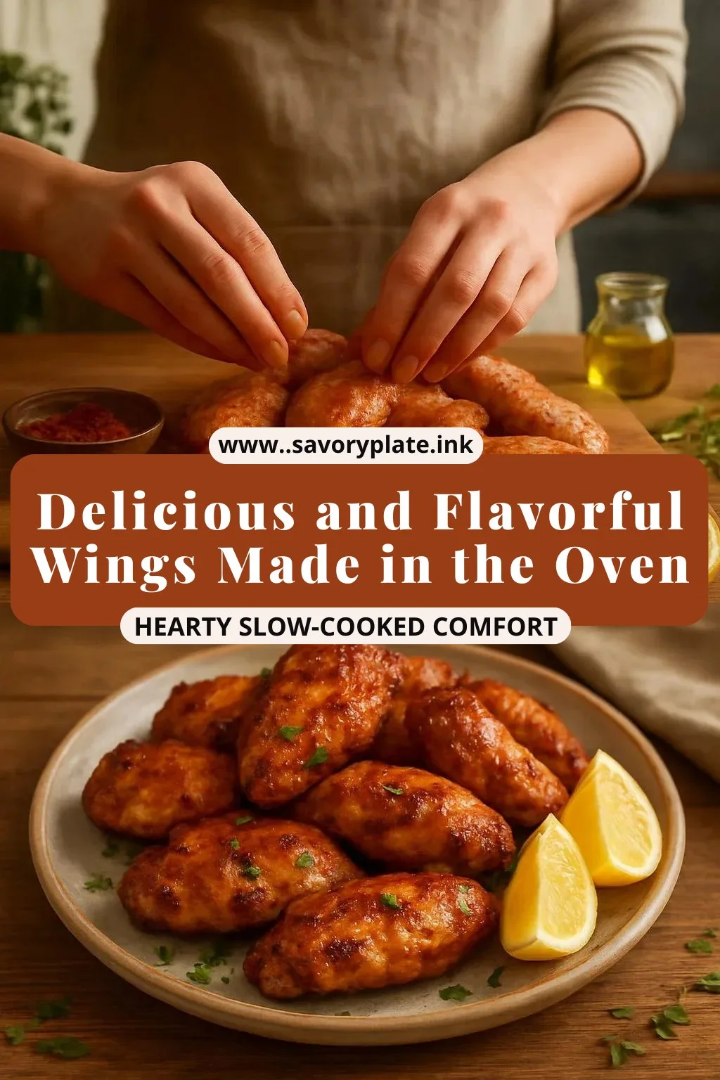 Delicious oven wings served with dipping sauce and garnished with fresh herbs.