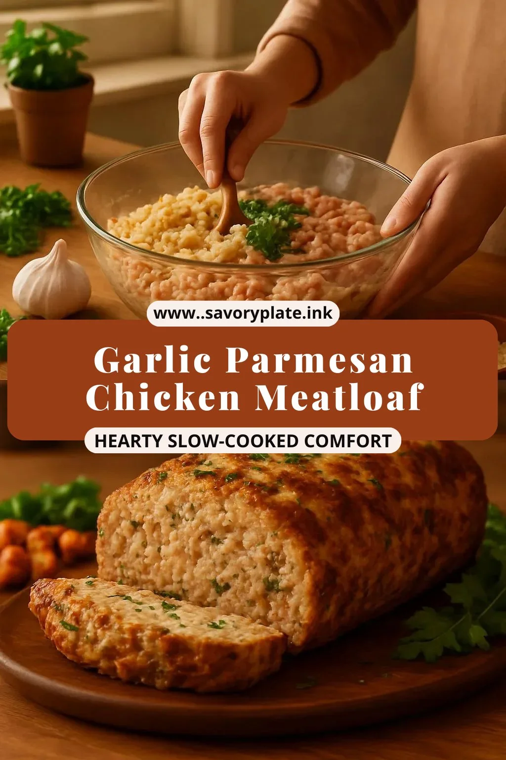 Garlic Parmesan Chicken Meatloaf served with vegetables on a plate