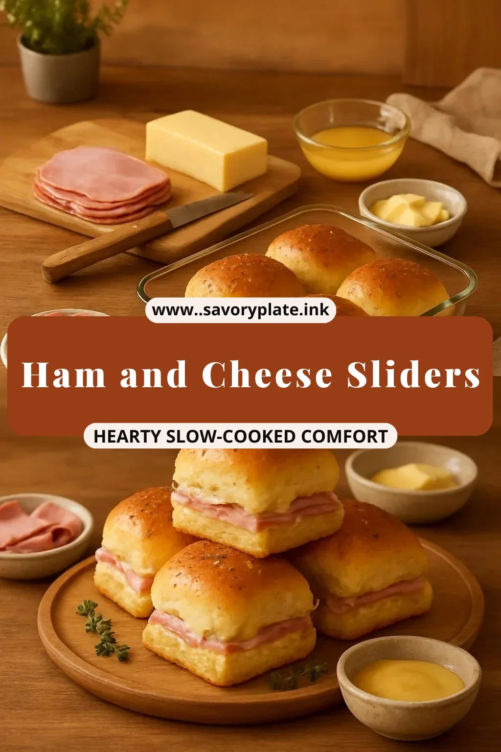 Plate of tasty ham and cheese sliders ready to serve