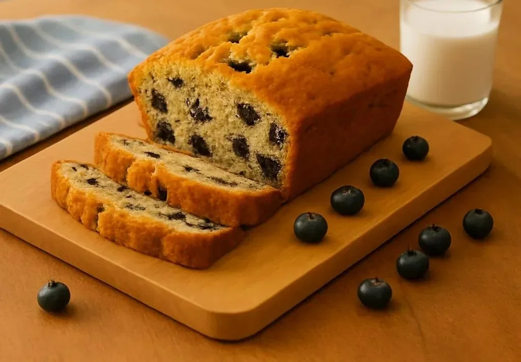 Freshly baked blueberry banana bread with slices on a wooden cutting board