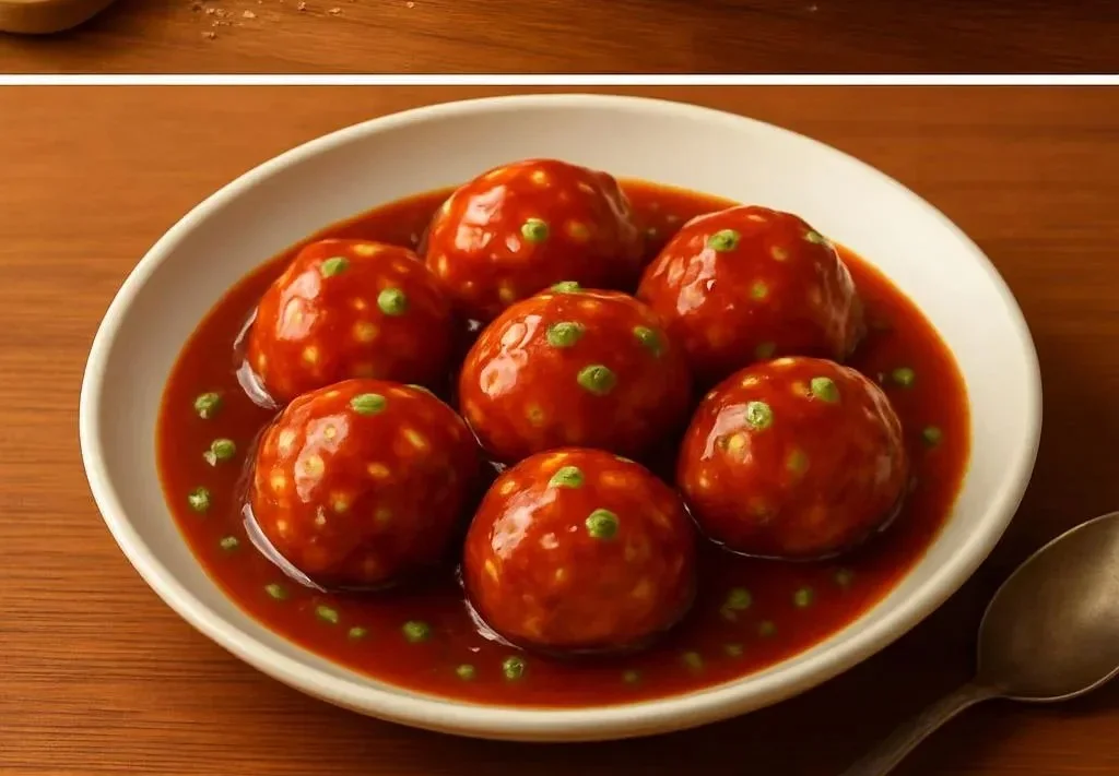 Plate of Cabbage Manchurian served with a spicy sauce and garnished with vegetables.