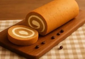 Delicious coffee swiss roll dessert on a plate with coffee beans