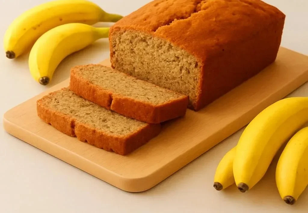 Slice of easy banana bread on a plate with a banana and walnuts