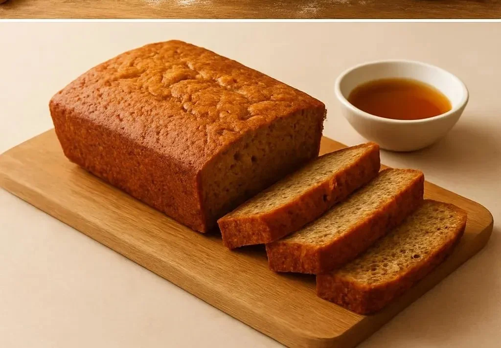 A loaf of gluten-free banana bread freshly baked and sliced