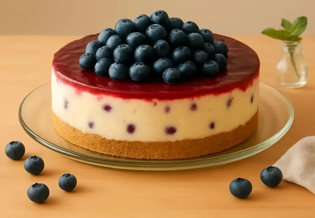 Delicious no bake blueberry cheesecake topped with fresh blueberries