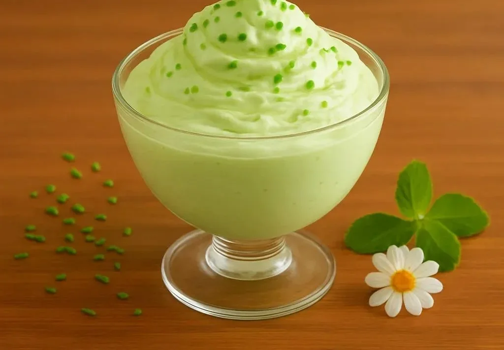 Bowl of Shamrock Cheesecake Fluff topped with festive green sprinkles