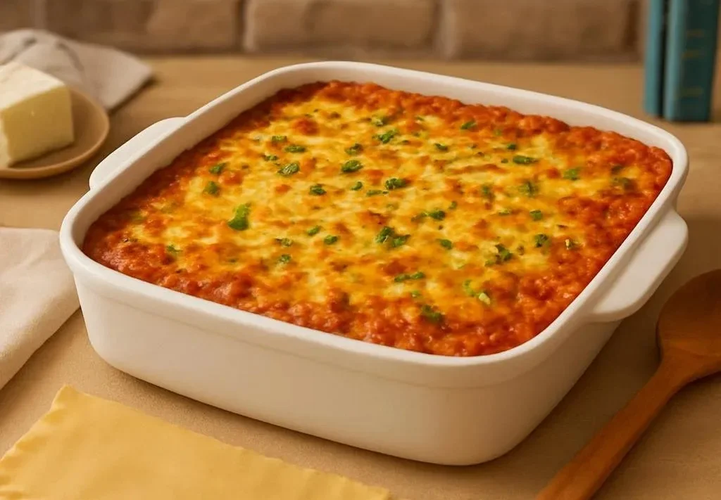 Plate of delicious vegetarian lasagna topped with fresh herbs and cheese